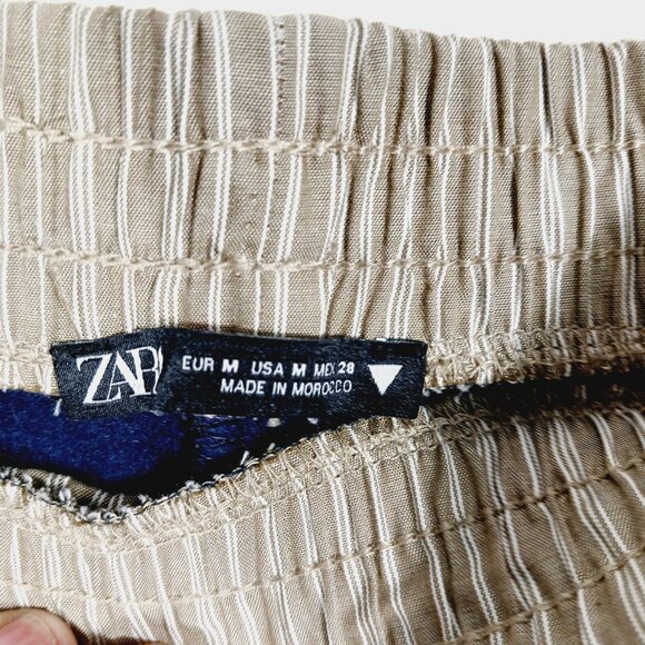 Zara, Mixed Media Pull On Pants (M) Stretch Waist Deep Navy/Khaki & White Stripe - Picture 2 of 15